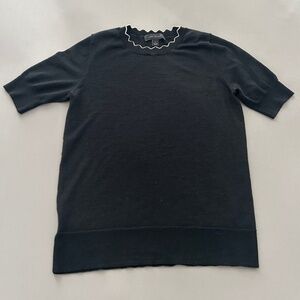 Ann Taylor Scalloped Short Sleeve Sweater, Black w/ White Trim, Small